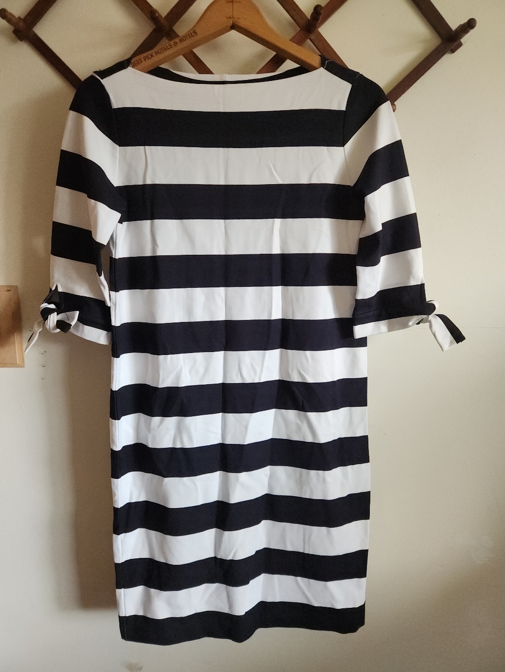Nwot Lauren Ralph Laureb Black White Striped Tie-Sleeve Dress Knee Length Xs
